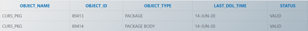 Working With Packages In Oracle: Data Dictionary data for Package